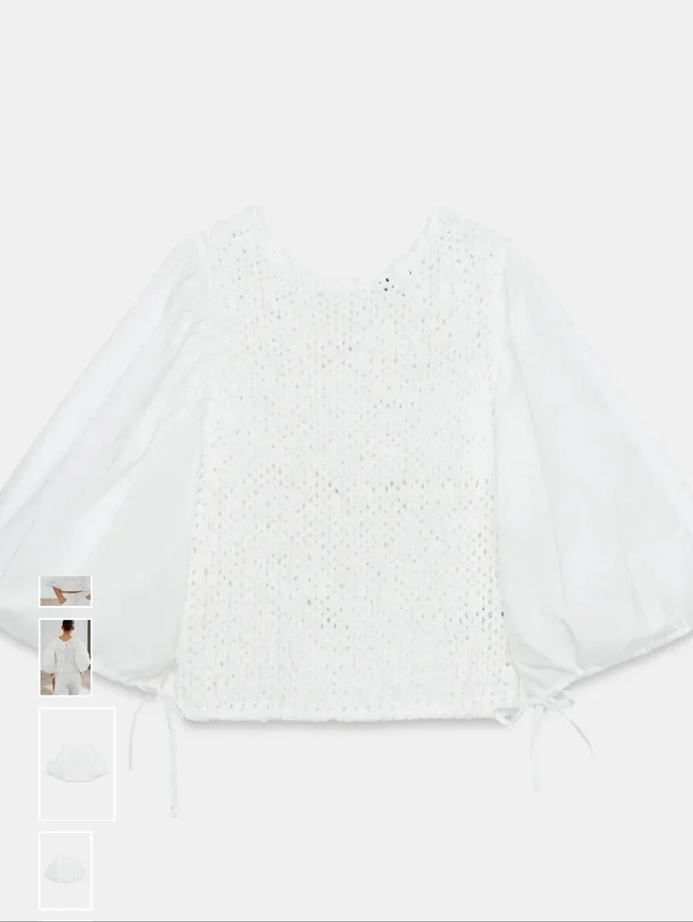 Zara White Crochet Knit Puff-Sleeve Top
